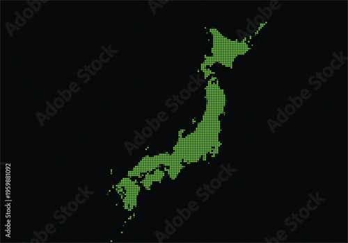 Digital pixelated map of japan with green landmass and, representing geographic location and digital art style