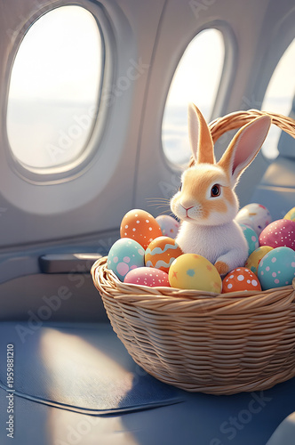 Rabbit and basket full of colorful Easter eggs on the seat inside the airplane cabin. Concept of Easter celebration during traveling.