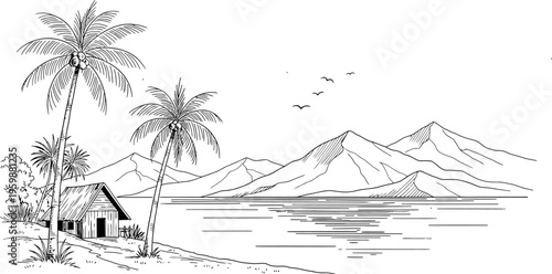 Tranquil tropical village nestled between palm trees and serene mountain lakeside scenery