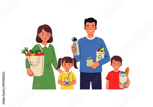 Family holding grocery shopping bags.