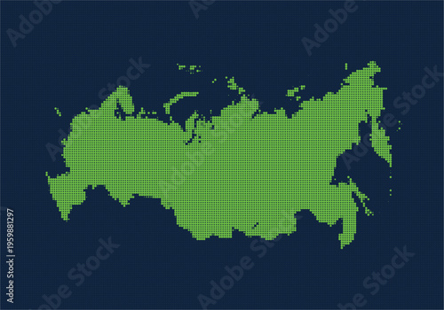 Digital pixel art map of russia with green landmass on a dark blue background, representing the countrys geographic outline in a stylized manner