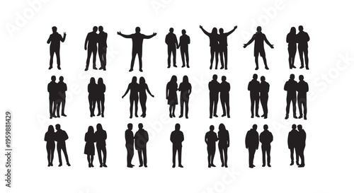 Collection of various human silhouettes in different poses and gestures isolated on transparent background