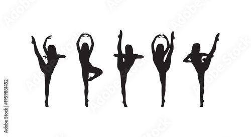 Dancer silhouettes in various elegant poses performing ballet isolated on transparent background
