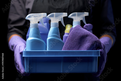 A person in purple gloves holding a blue cleaning caddy filled with spray bottles and a purple cloth. Dark background