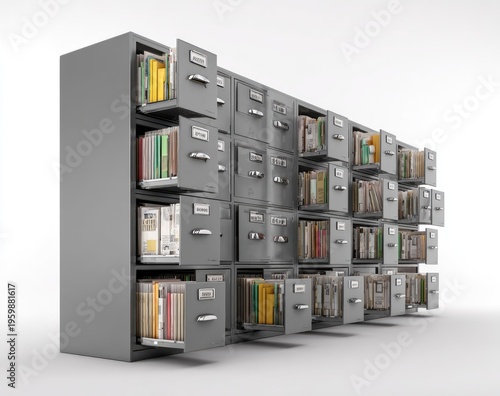 A close-up, studio shot of a massive, metallic filing cabinet with multiple drawers open, revealing stacks of documents