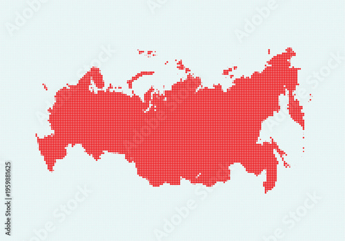 A red map of russia made up of small pixels on a light blue background
