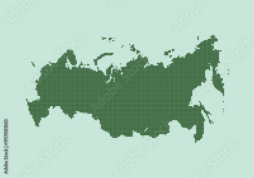 Digital pixel art map of russia with green dots on a light green background, representing the countrys geographic outline in a stylized manner