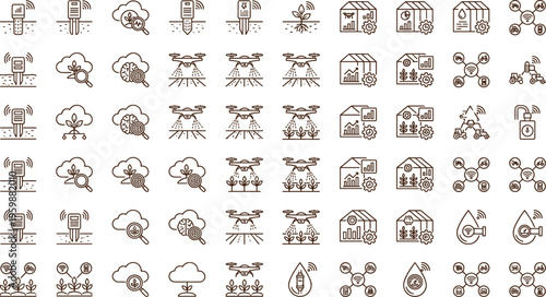 Precision agriculture technology line icon set with drones sensors greenhouse monitoring crop analytics and smart farming