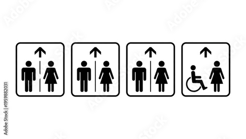A set of four black and white informational elevator floor indicator signs featuring human icons Vector