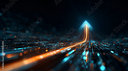 A vibrant, abstract digital arrow ascends against a dark background, formed by glowing trails of light with bokeh