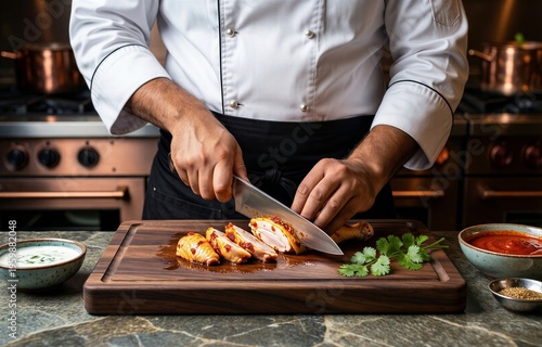 Chef chopping meat in modern kitchen. Plate with Chicken Tikka Masala featuring grilled chicken in creamy sauce. Concept of culinary art and food preparation in vibrant space.