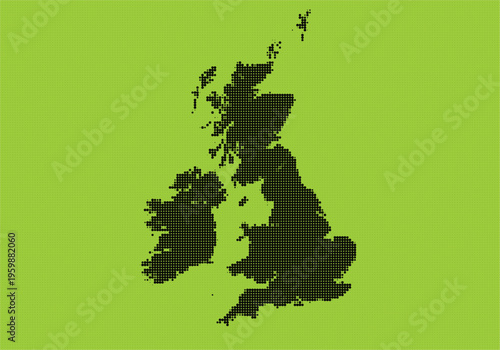 Pixelated map of the united kingdom and ireland on a bright green background with a digital art style