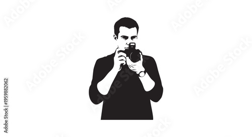 A man holding a camera and taking pictures isolated on transparent background