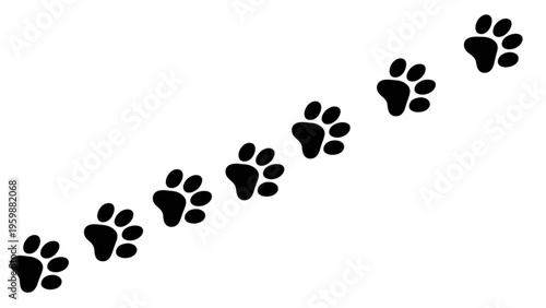 A sequence of five black animal paw prints arranged in a diagonal line across the image frame Vector