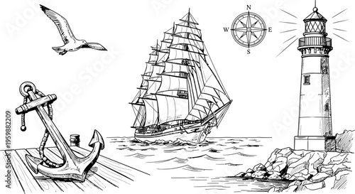 Vintage nautical scene featuring a ship, lighthouse, and maritime elements
