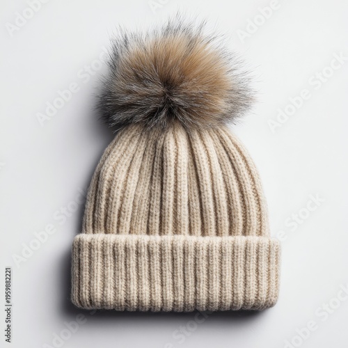 A close-up studio shot presents a neutral-toned, ribbed knit cap with a fluffy, light-brown pom-pom centered on top