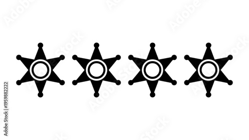 A horizontal row of four black six pointed star badges with circular centers for law enforcement Vector