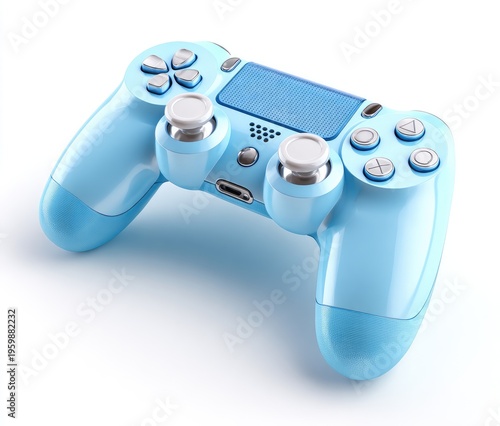 A close-up studio shot presents a pastel-blue game controller on a white background, angled slightly upward. Buttons and details are highlighted
