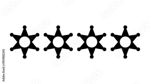 A horizontal row of four identical black six-pointed sheriff star badges with white circular centers Vector