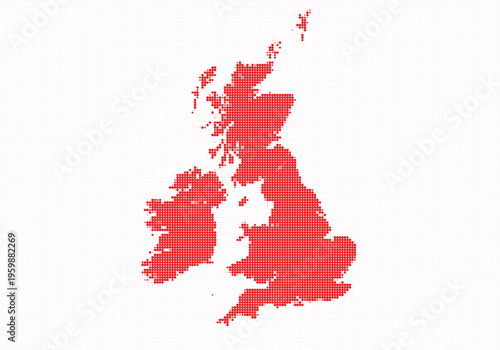 Pixelated map of the united kingdom and ireland in red on a, representing geographic regions and countries in a digital style