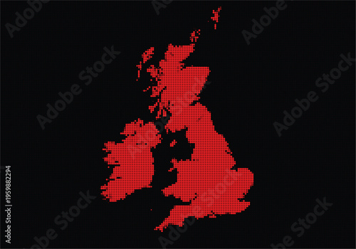 Digital pixel art map of the united kingdom with red landmasses on a illustrating geographic outline and country borders
