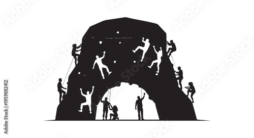 A group of people rock climbing on a large rock formation isolated on transparent background