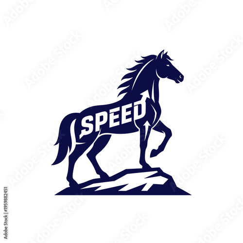 Majestic horse with SPEED text on its body, standing on a rock.