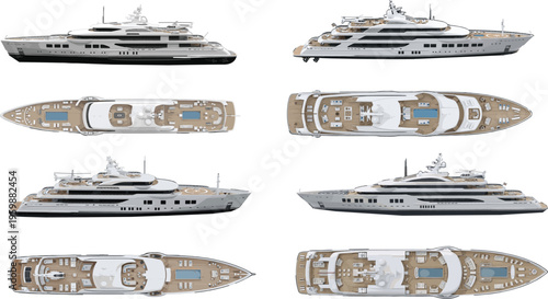 Luxury motor yacht collection featuring side and top view perspectives of modern mega yachts isolated on white background vector illustration