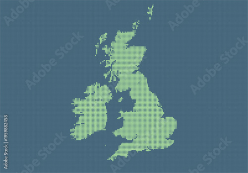 Digital pixel art map of the united kingdom with green landmass on a textured blue background