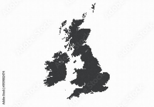 Black and white pixelated map of the united kingdom and ireland