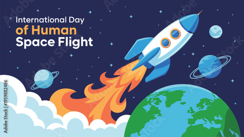 International day of human space flight illustration with rocket launching from earth into space exploring universe science concept design