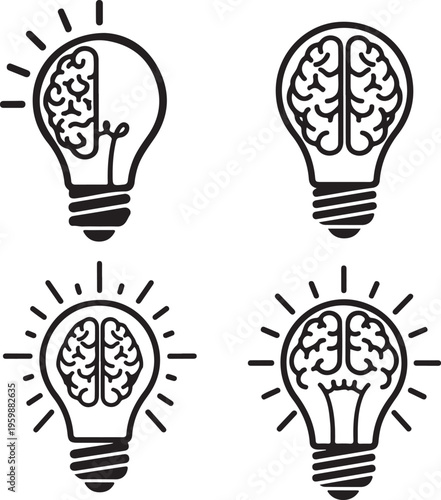 Set of creative brain light bulb icons representing innovation and human intelligence concepts for education and psychology designs