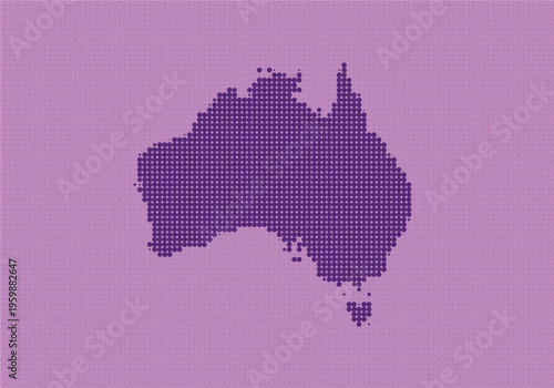 Abstract pixelated map of australia with a purple background, representing geographic and digital art concepts