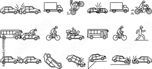 Car accident and traffic collision icons set showing various vehicle crash scenarios including truck bus bicycle and pedestrian safety