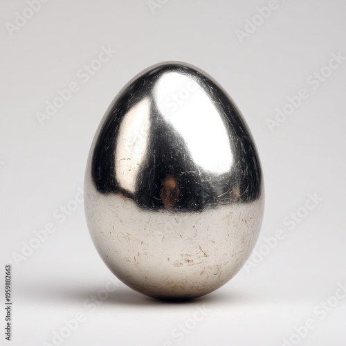 A close-up studio shot showcases a polished metal egg. It reflects light, revealing its smooth, metallic surface against a stark white backdrop. The form is perfect
