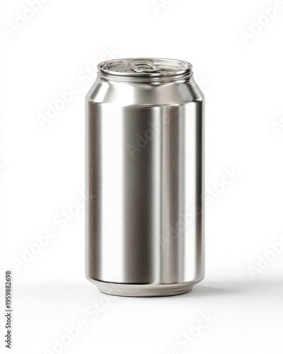 A close-up studio shot showcases a sleek, metallic aluminum beverage container against a plain white backdrop. The can is upright