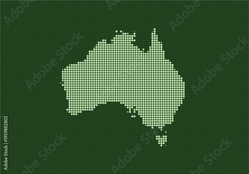 Digital representation of australia map made with small green dots on dark green background