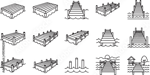 Wooden pier dock icons set with different perspectives showing lake platform construction sea walkway river boardwalk and harbor harbor