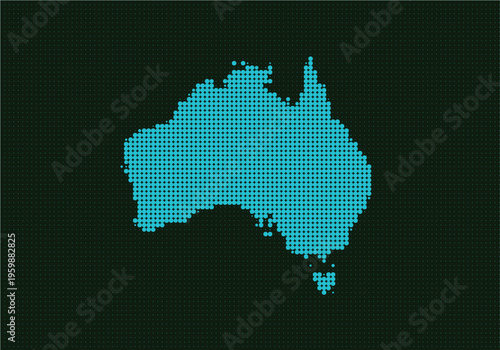 Digital pixelated map of australia with a dotted pattern on a dark background