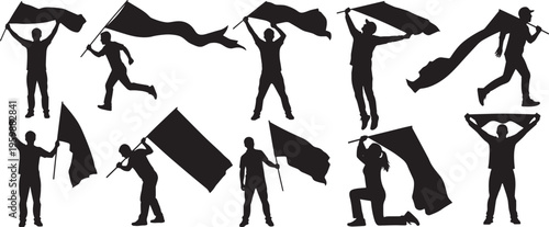 Collection of people holding waving flag silhouettes, representing victory leadership and social activism movements, vector illustration