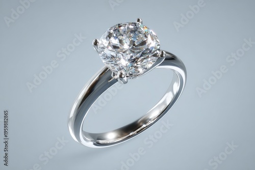 A close-up studio shot showcasing a solitaire engagement ring with a brilliant-cut diamond on a plain background