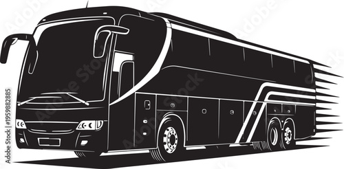 Modern passenger bus silhouette moving fast with speed lines representing efficient public transit and long distance travel trips