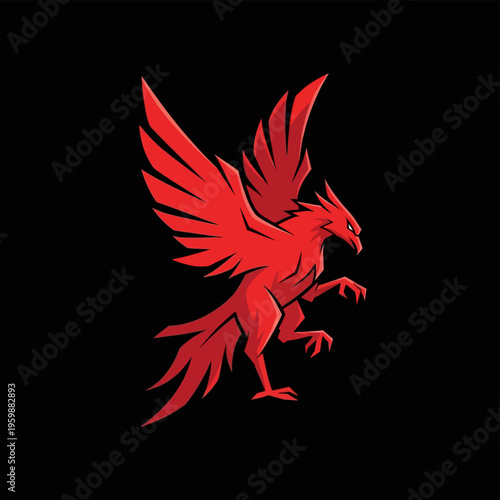 Majestic Red Phoenix Bird with Spread Wings in Dynamic Pose.