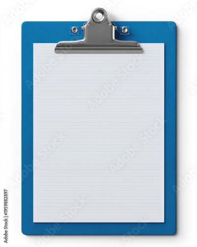 A close-up studio shot shows a blue plastic clipboard holding a blank white lined paper, with a silver clip and white background