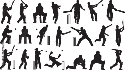 Cricket player silhouettes big set, Diverse Poses: Includes cricketers batting, bowling, fielding, and wicket keepin,  isolated on white background for sports design, vector illustration