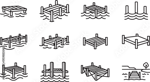 Wooden pier and dock vector line icons collection isolated on transparency. outline elements of structures for web and print.
