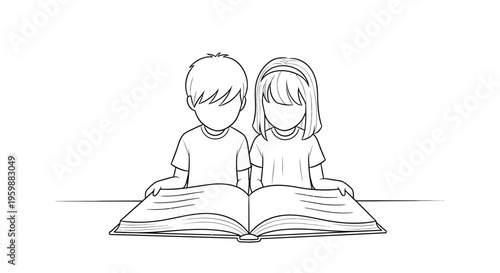 Two children reading a book together in a simple line art style.