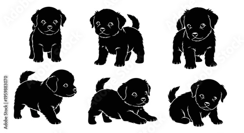 Set of six adorable black labrador puppies in silhouette, playful poses