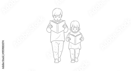 Two young children engrossed in reading books, standing side by side.