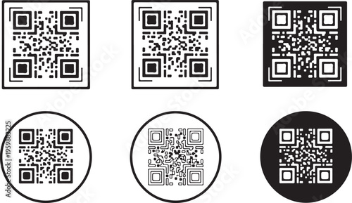 Qr code set, different shapes and styles, digital scanning technology for information